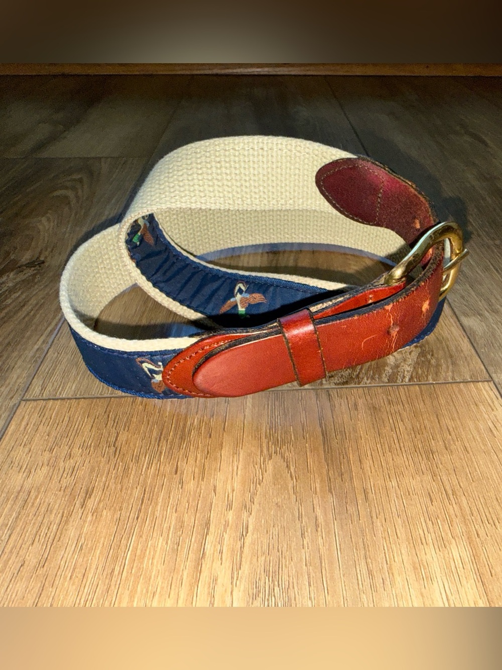 Orvis Millard duck Navy Embroidered Canvas Men's Belt with Brown Leather/brass